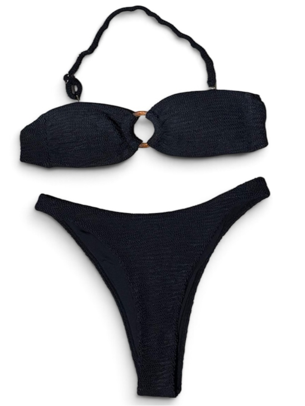 Monday Swimwear Black Crinkle Textured Bandeau Bikini with Tortoise Ring Accent